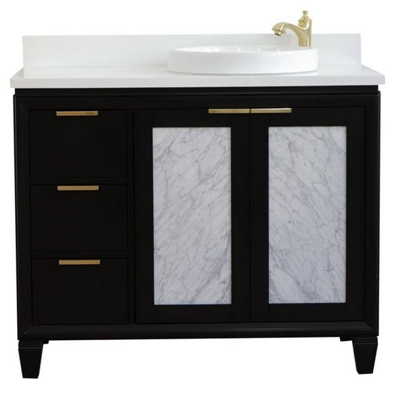 Trento Solid Wood Vanity with Right Round Sink in Blue/White Quartz Stone
