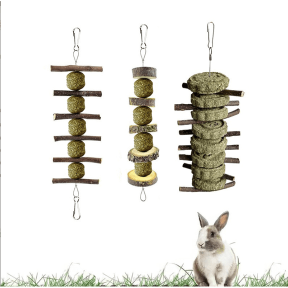 Bunny Chew Toys, Rabbit Chew Toys for Teeth Grinding, Improve Dental Health, 100% Natural Apple Wood Timothy Grass Cake Treats for Rabbits Guinea Pigs Chinchillas Bunnies Hamsters (3 Pcs)