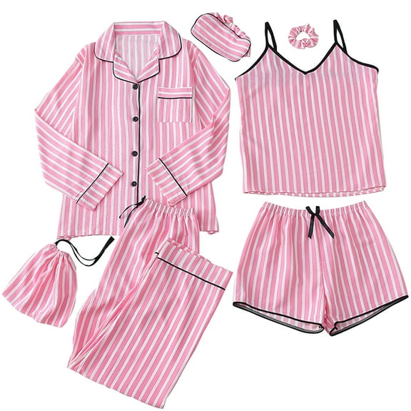 Women's Pajamas Set 7pcs Silk Satin Sleepwear Loungewear Cami Shirt Pj Set