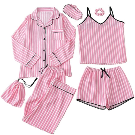 Besolor Womens 5PCS Satin Pajamas Set Striped Cami Shorts Set and Button down Long Sleeve Pjs Loungewear Sleepwear