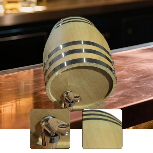 Decantador de barril de roble añejo de 1,5 l, contenedor de regalo con soporte de madera y grifo, dispensador de bebidas para mesa, hogar, bar o