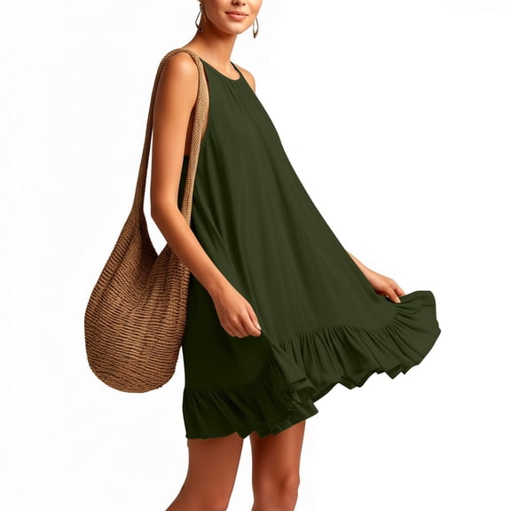 Uaswgudfs Women's Swimsuit Cover Up Tank Beach Dress, Sleeveless Ruffle Hem Summer Casual Coverups Green L