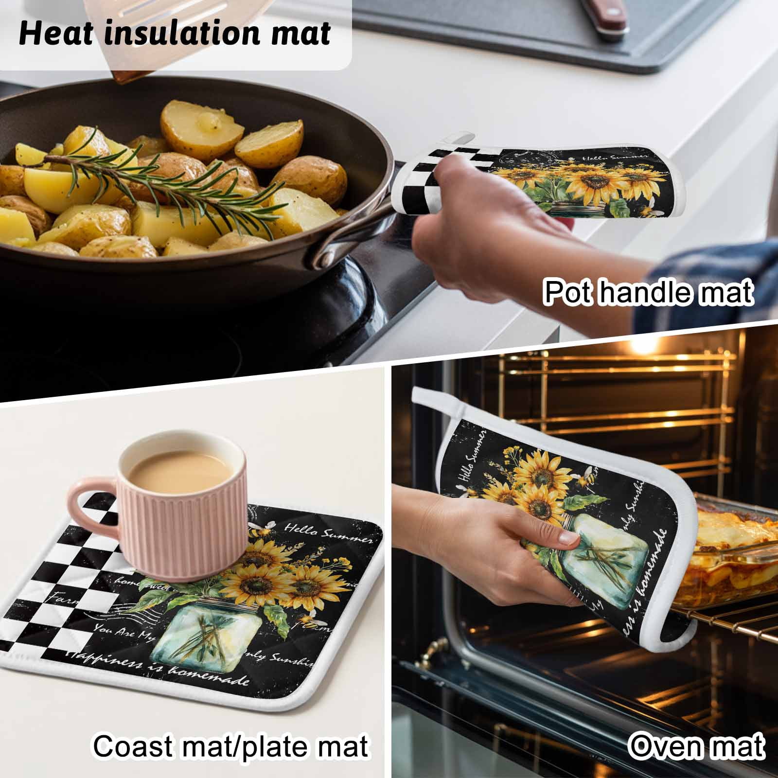 Sunflower Pot Holders for Kitchen Heatproof Potholder, 5 Pack Black White Check Farmhouse Bee Vase Floral Hot Pads Multipurpose Oven Pads Cloth Potholders Trivet for Cooking Baking