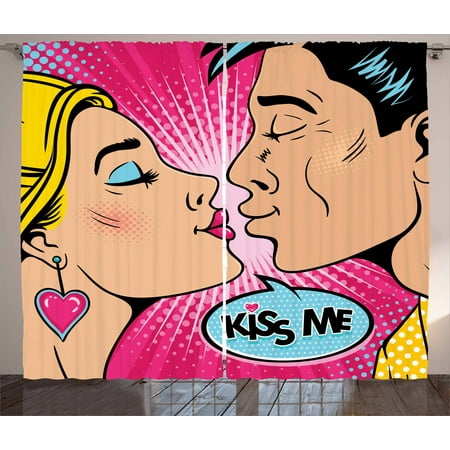 Couples Circle - Kiss Me Curtains 2 Panels Set, Young Couple Kissing Pop Art Style Vintage Drawing with Halftone Circles Backdrop, Window Drapes for Living Room Bedroom, 108W X 96L Inches, Multicolor, by Ambesonne