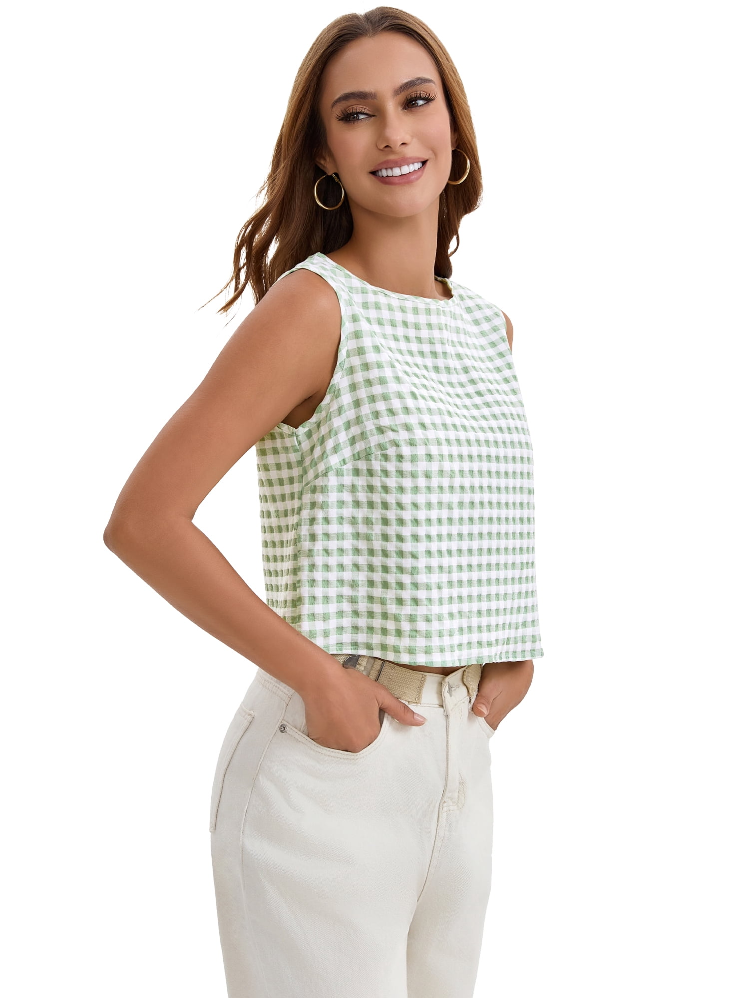 DARING DIVA Women's Gingham Summer Crop Tank Tops Button Back Sleeveless Shirts S Green