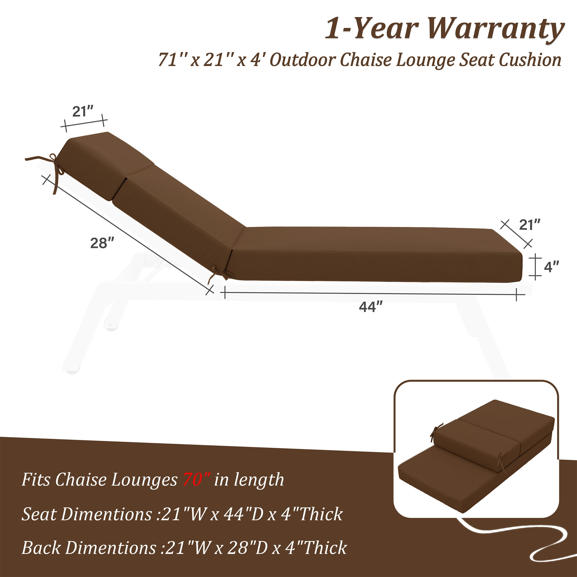 Pakunoda Chaise Lounge Cushions Set of 2, 72" x 21" x 4" Outdoor High-Density Foam Patio Furniture Lounger Replacement Cushions with Zipper Ties Water-Resistant for Pool, Chocolate