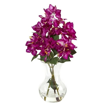 Nearly Natural 17in. Bougainvillea Artificial Arrangement in Glass Vase, Purple