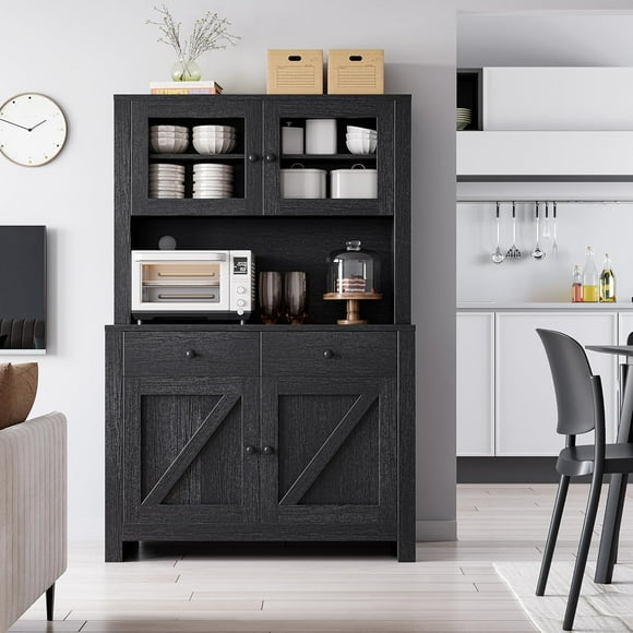 Kitchen Pantry Cabinet with Microwave Stand, Freestanding Hutch with Drawers, Doors & Adjustable Shelves, Buffet Cabinet with Storage, Food Pantry for Kitchen, Dining Room, Black