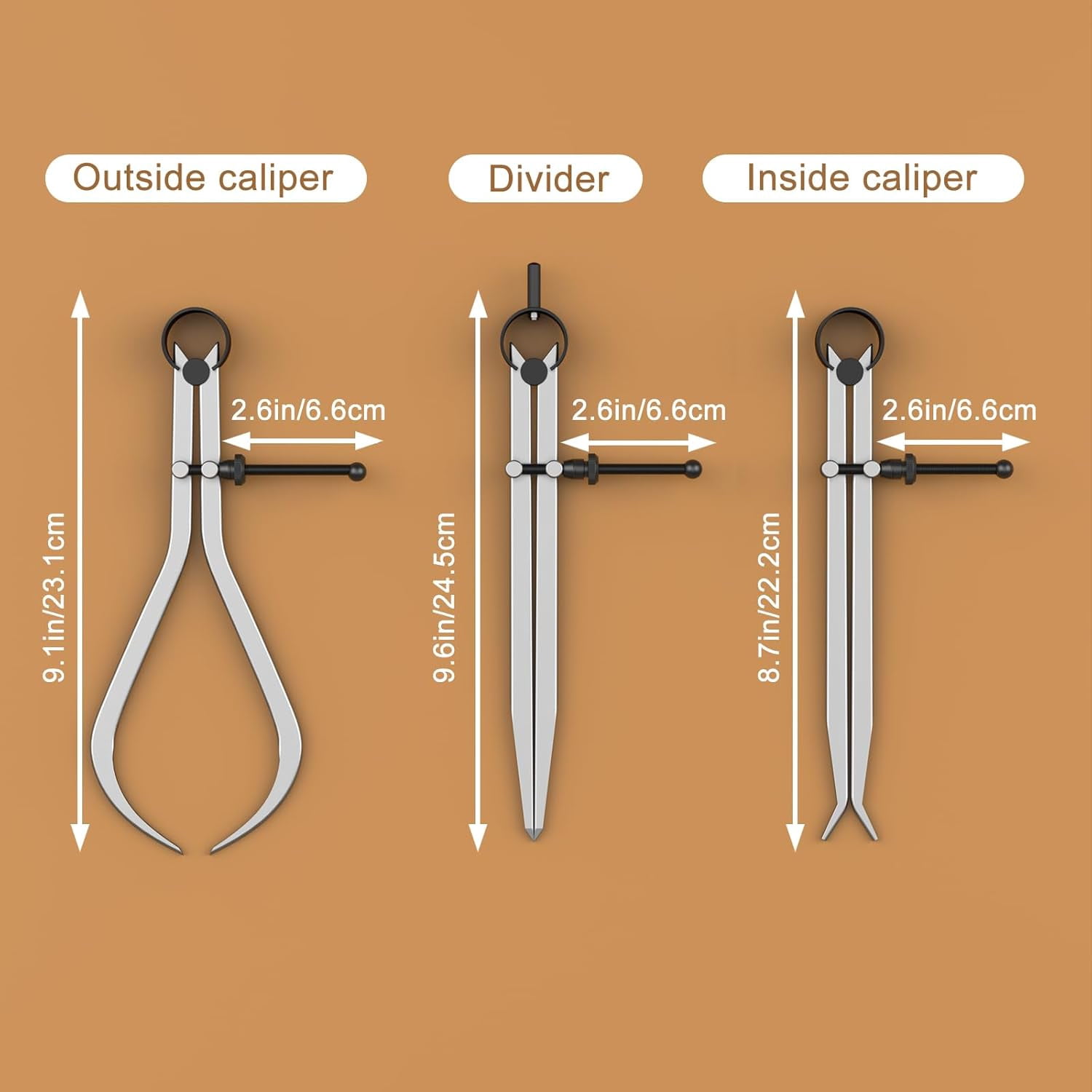 3 Pieces Spring Caliper/Divider Set, Carbon Steel Long Inside and Outside Divider Caliper 8-Inch, Adjustable Lockable Spring Wing Calipers for Wood Turning and Lathe Work