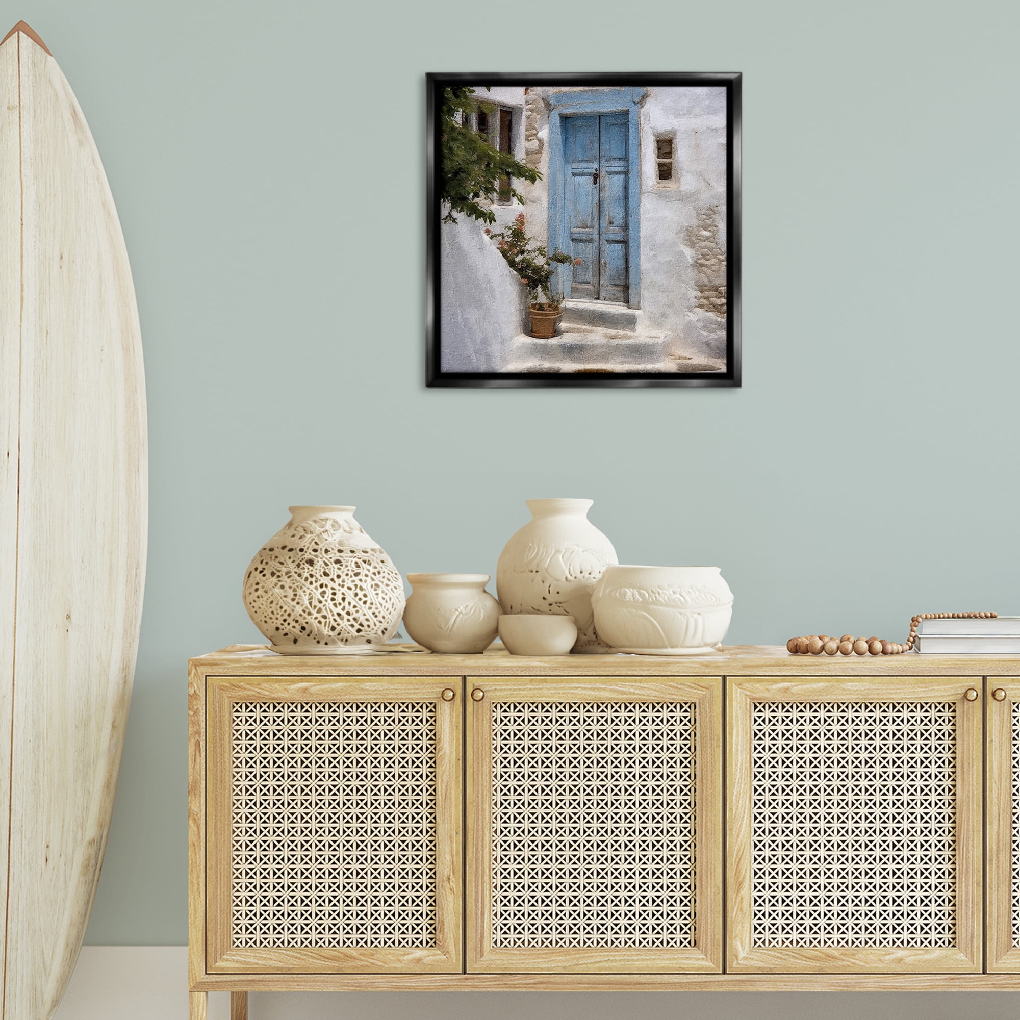 Stupell Industries Blue Greek Door Town & City Painting Black Floater Framed Canvas Art Print Wall Art, 25 x 25