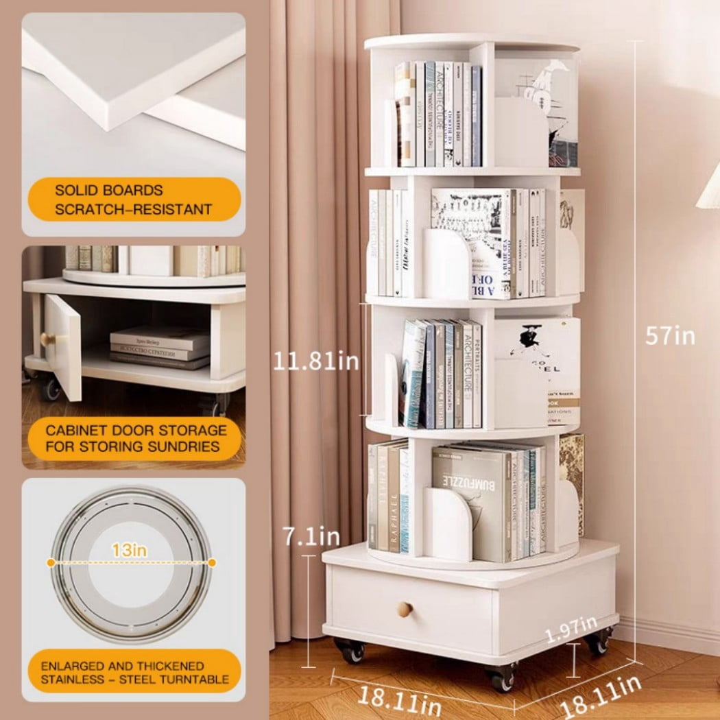 5-Tier Rotating Bookshelf with Drawer, 360° Spinning Corner Bookcase, Narrow Space-Saving Floor Standing Storage Rack for Bedroom, Living Room, White