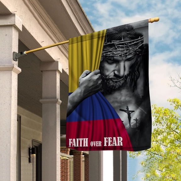 Christian Flags,Faith Over Fear Flag Christian Colombian Colombia With Jesus for Outside House Flag, Double-Sided Decorative Outdoor Flag, Patriotic Polyester Yard Flag 29.5 x 39.5 in
