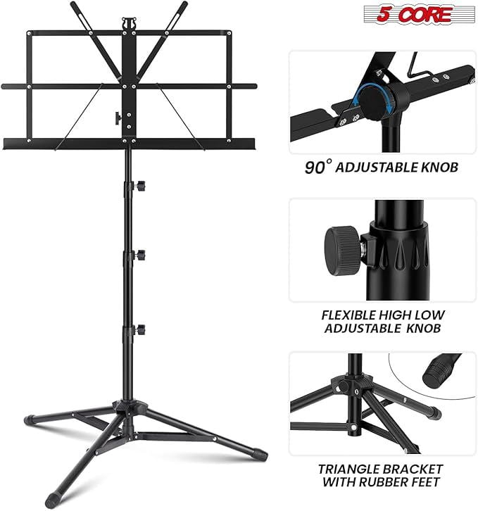 5Core Music Stand For Sheet Music Portable Tripod Adjustable Folding With Lights Note Holder BLACK