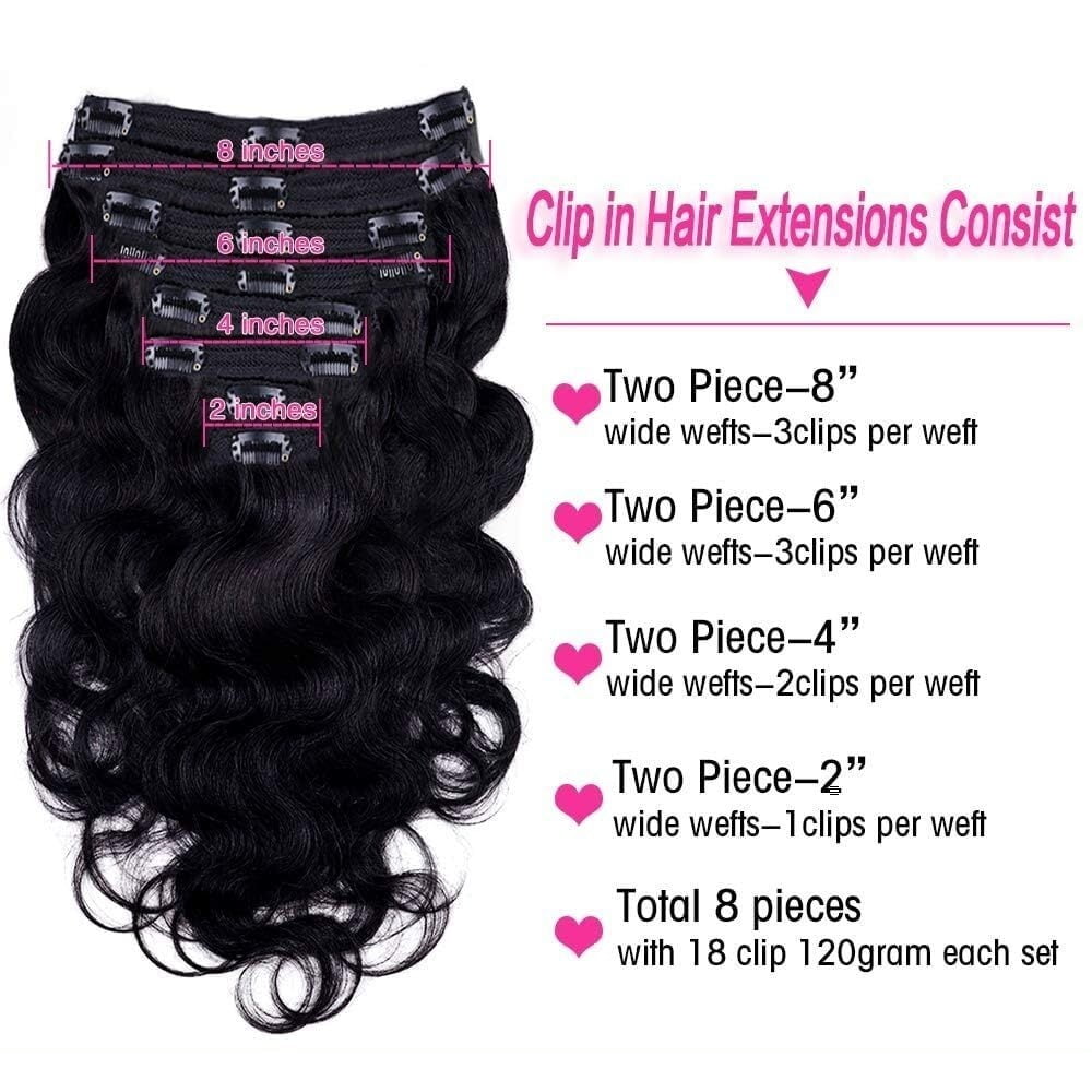 Body Wave Clip In Hair Extensions Extensions Natural Black Color Full Head Brazilian Remy Hair Clip in Hair Extensions 8Pcs with 18 Clips 120 Gram