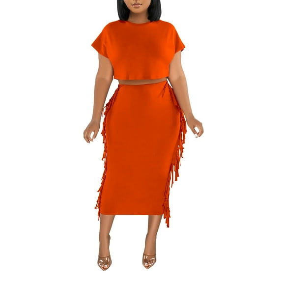ZAZYULZ Women's Solid Color Tassel Round Neck Short Sleeve Long Skirt Set(Orange,M)