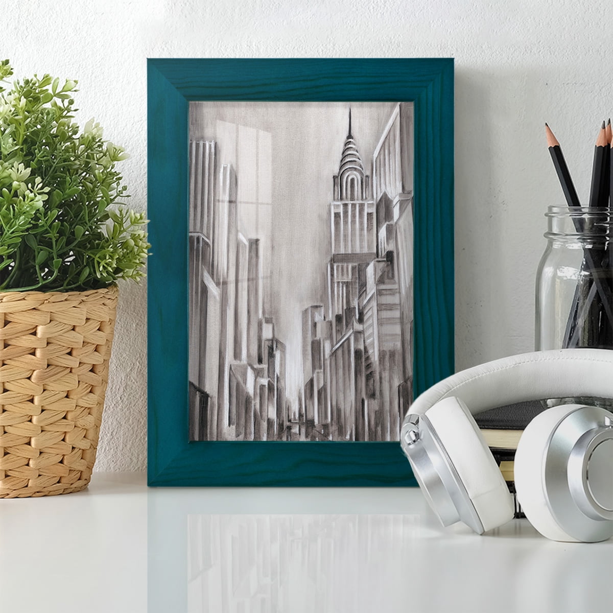 Art Deco Cityscape I -Framed Print w/glass-Ocean Blue