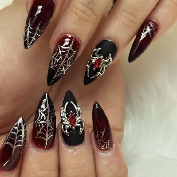 24Pcs Halloween Press on Nails Almond Medium Fake Nails Red Black False Nails with Spider Web & 3D Spider Design Acrylic Goth Nails Press ons Halloween Reusable Stick on Nails for Women