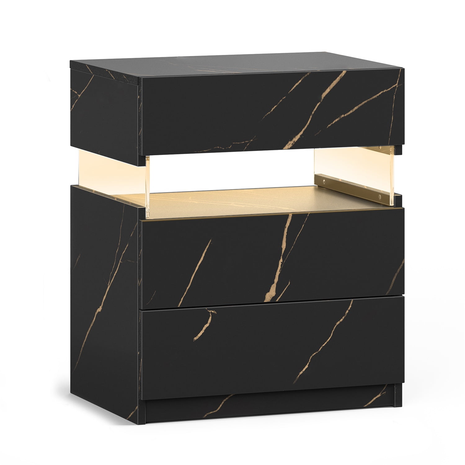 Hommoo 3 Drawer Dresser LED Nightstands, End Table Bedside Tables for Bedroom, Living Room, Black Gold