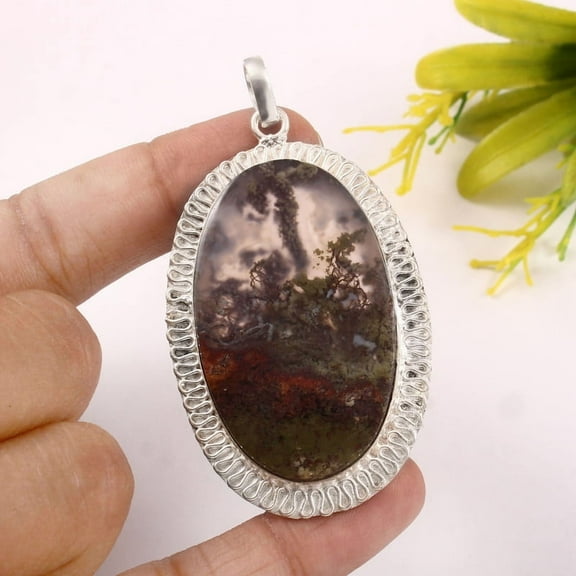 Owais Gems And Jewelry Elegant Oval Moss Agate Gemstone Silver Pendant – 107 Carats Womens Fashion Jewellery