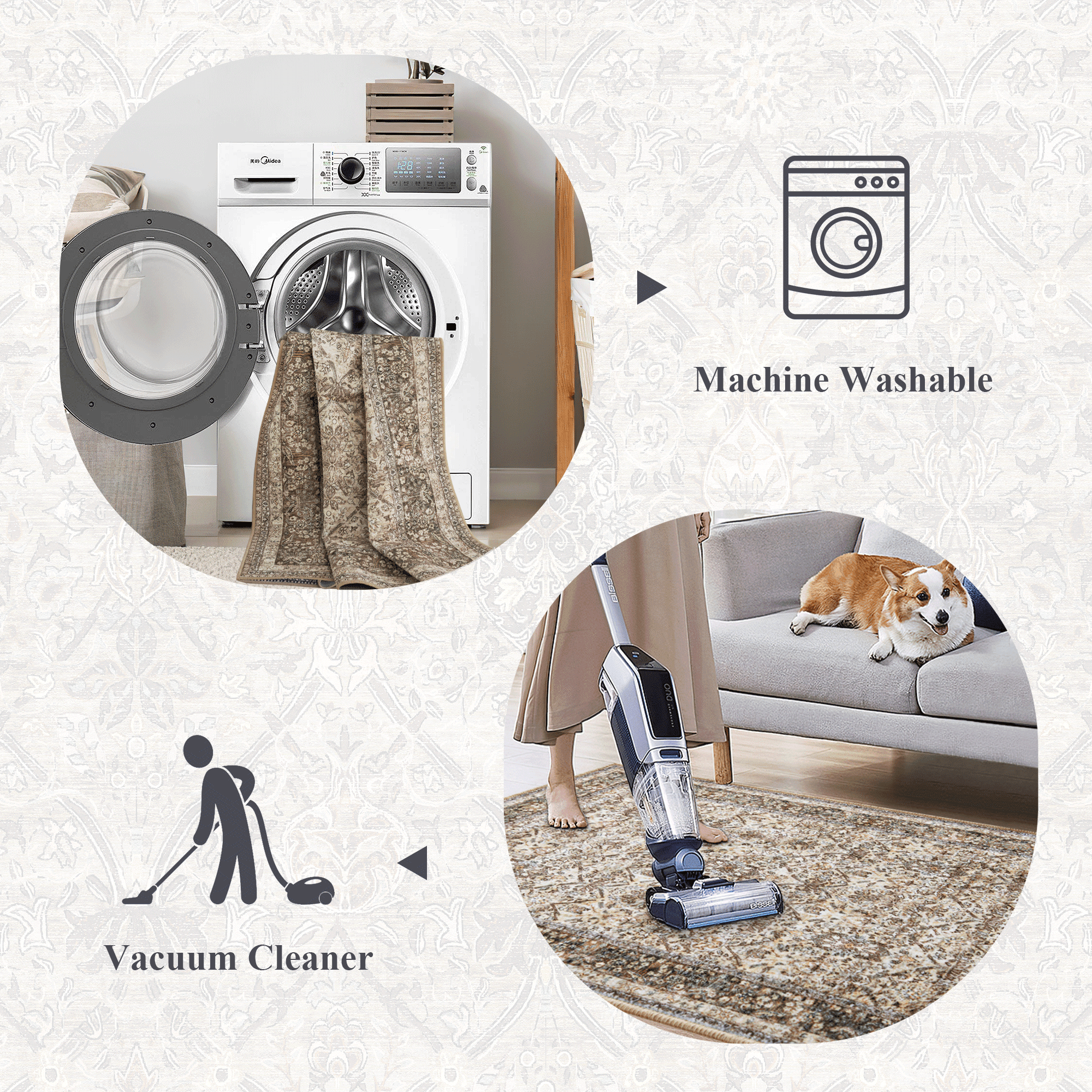 NICETOWN Washable Rug Vintage Area Rug, 5'x8' Thin Machine Washable Rug Non-Slip Foldable Pet-Friendly Area Rugs for Bedroom Living Room, Brown