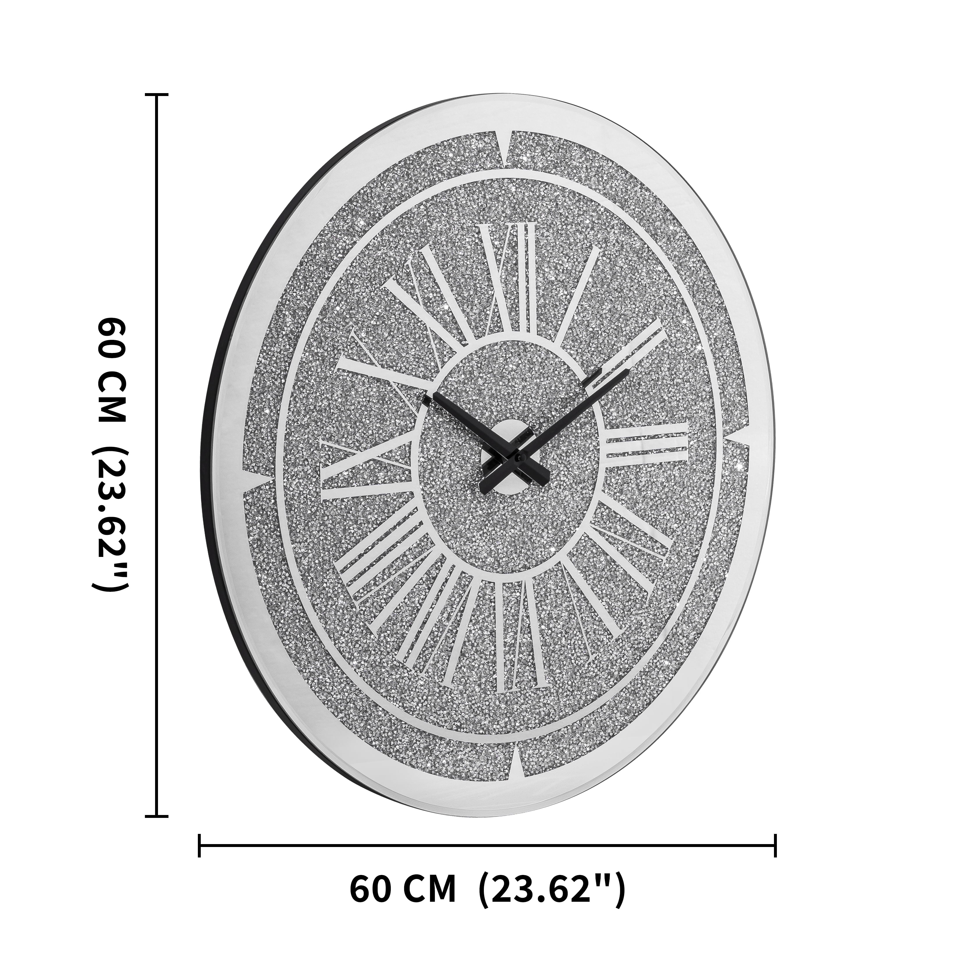 SHYFOY 24" Crushed Diamond Round Wall Clock, Luxury Mirror Glass Silent Non-Ticking Clock with Roman Numerals for Living Room or Office Decor