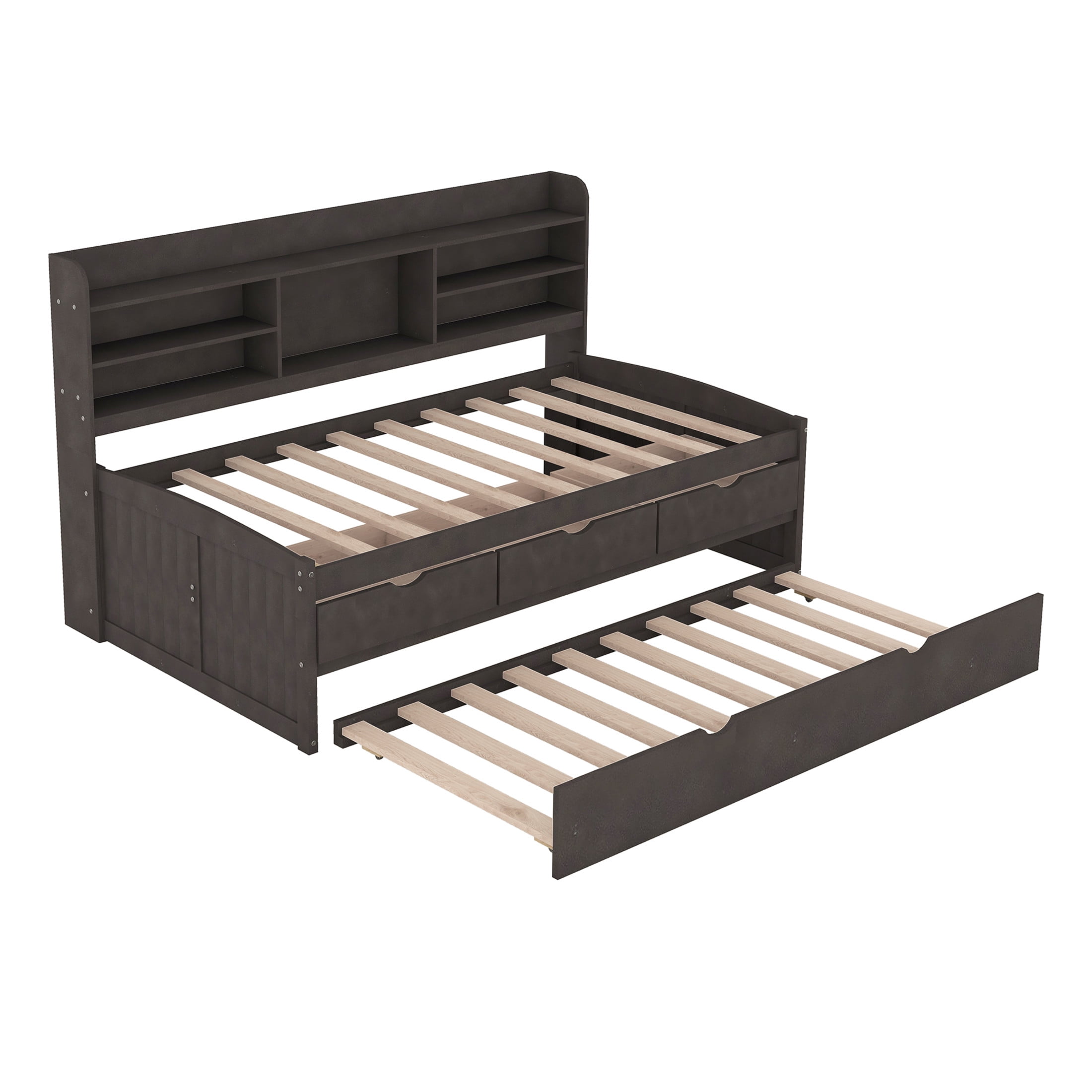 Noble House Savoy Twin Size Wooden Captain Bed with Bookcase Headboard and Trundle, Storage Drawers, Antique Brown