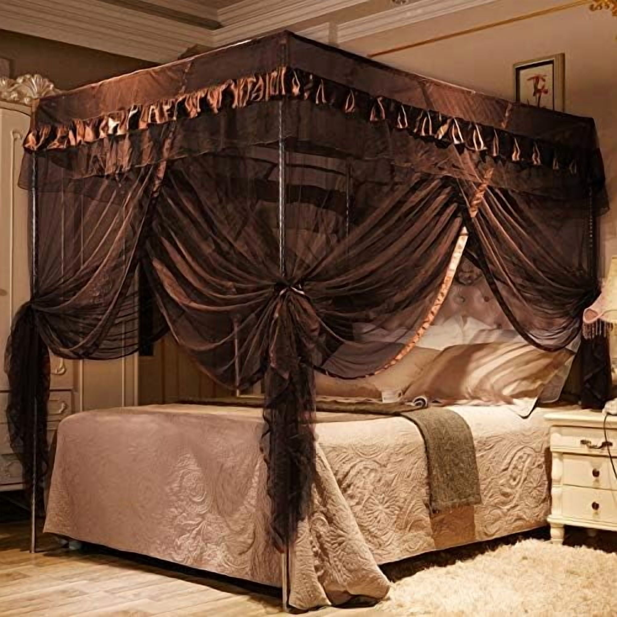 4 Corners Post Canopy Bed Curtains Canopy for Bed King Size - Royal Luxurious Mosquito Net Bedroom Decor (King, Coffee)