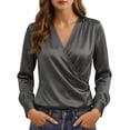 thumbnail image 2 of FDGIU Women's Satin Wrap V Neck Blouse, Long Cuff Sleeve Ruched Waist Solid Dressy Tops for Office Business Casual Daily Evening Outfits, 2 of 7