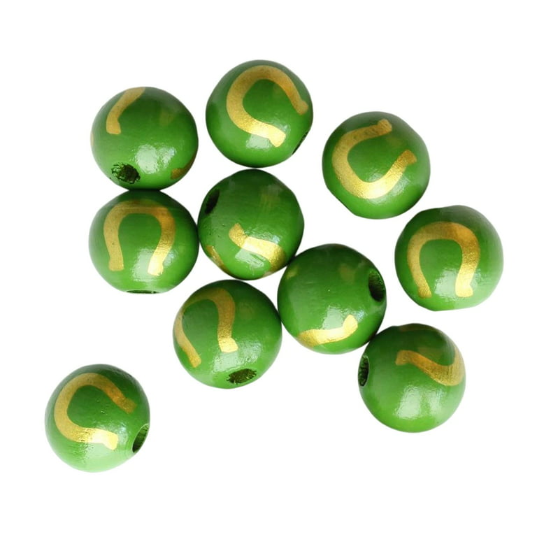10Pcs Small Round Beads Loose Bead Wood Pattern Painted Smooth 16mm Green  Ball Supplies with Hole for Bracelet DIY Craft Garland Pendant 
