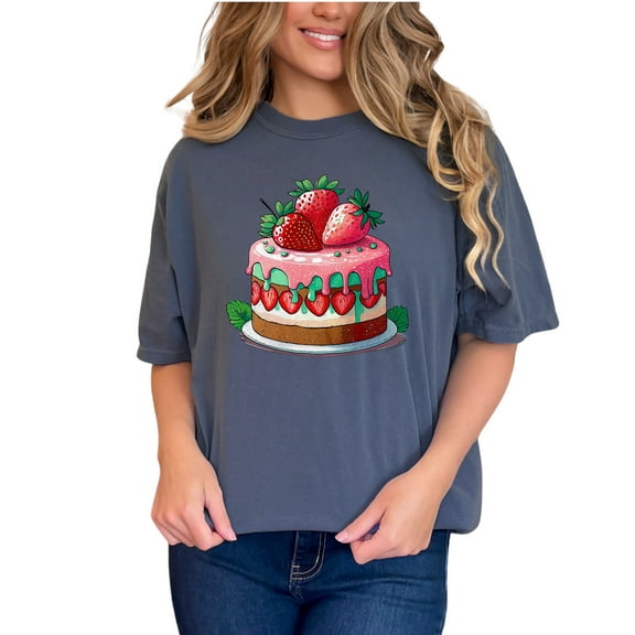 Strawberry Shortcake Graphic Tee, Cute Dessert T-Shirt, Fun Cake Lover Shirt, Trendy Foodie Apparel, Unique Gift for Bakers, Denim Comfort Colors T-Shirt, Small