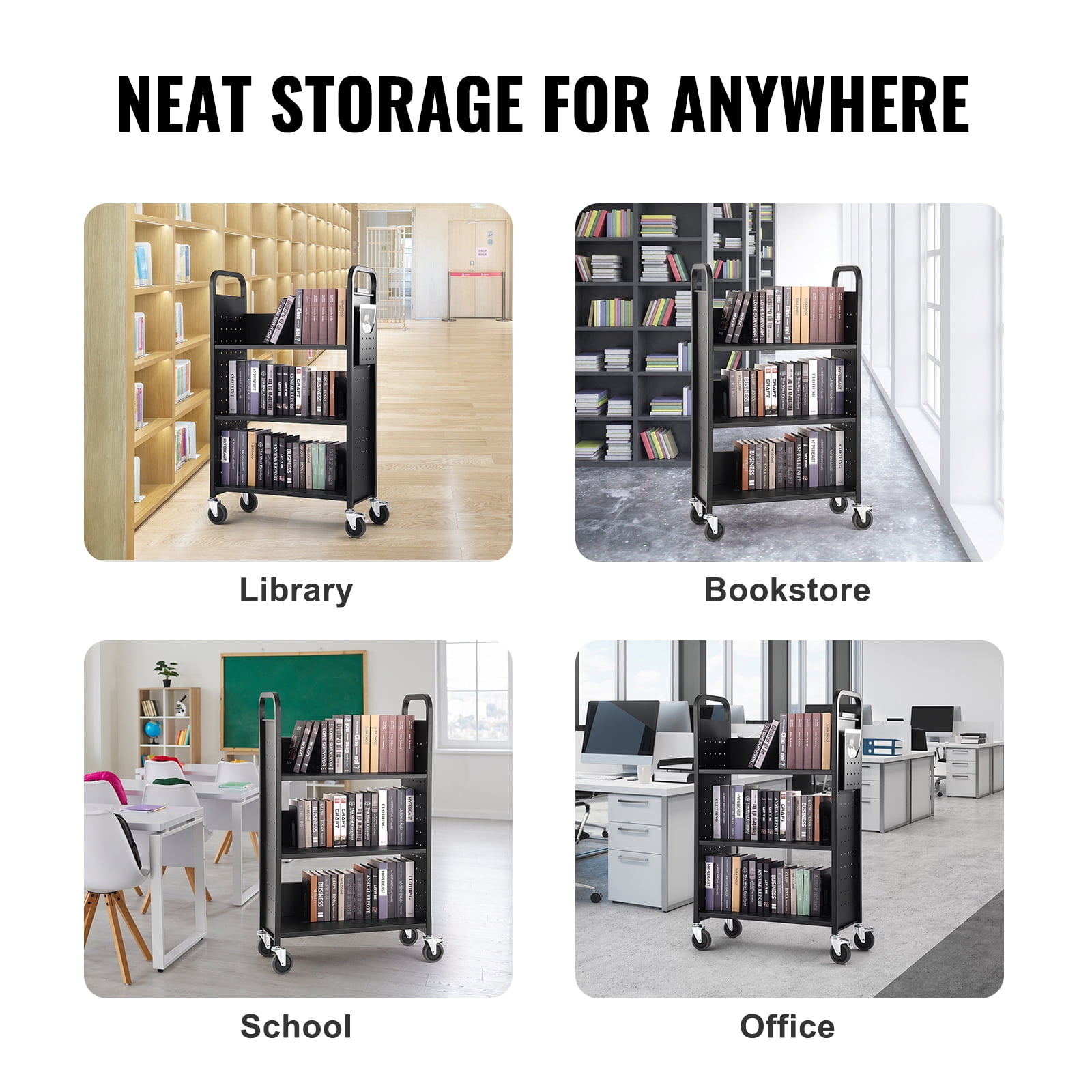 BENTISM Book Cart, 330 lbs Library Cart, 31.1" x 15.2" x 49.2" Rolling Book Cart, Single Sided L-Shaped Flat Shelves with 4-Inch Lockable Wheels for Home Shelves Office and School,Black