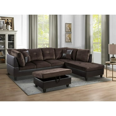 PonLiving Furniture 3pcs L-Shape Sectional Sofa Set, Right Hand Facing Chaise, Microfiber & Faux Leather Upholstery Material, Chocolate Color, More Colors & Styles Available