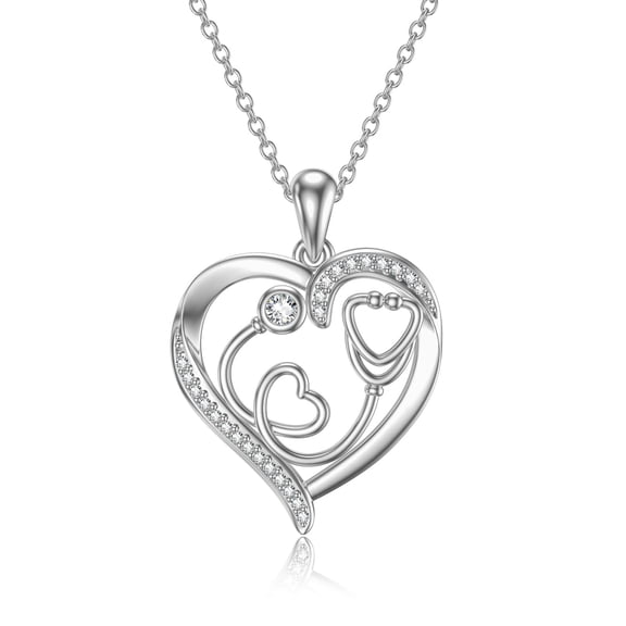 JKR Diamond Nursing Necklace 925 Sterling Silver Nurse Stethoscope Pendant Medical Jewelry, Appreciation Valentines Day Gifts for Nurse Girlfriend Wife Her