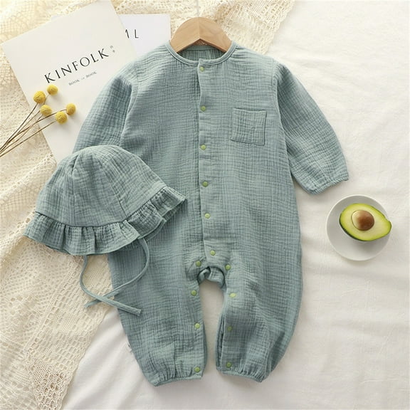 Nrmvnmi Newborn Baby Girls Boys Rompers Pajamas Solid Color Jumpsuit Crew Neck Long Sleeve Pants Button Down One-Piece Sleepwear Comfortable Cotton Nightwear Loungewear With Hat