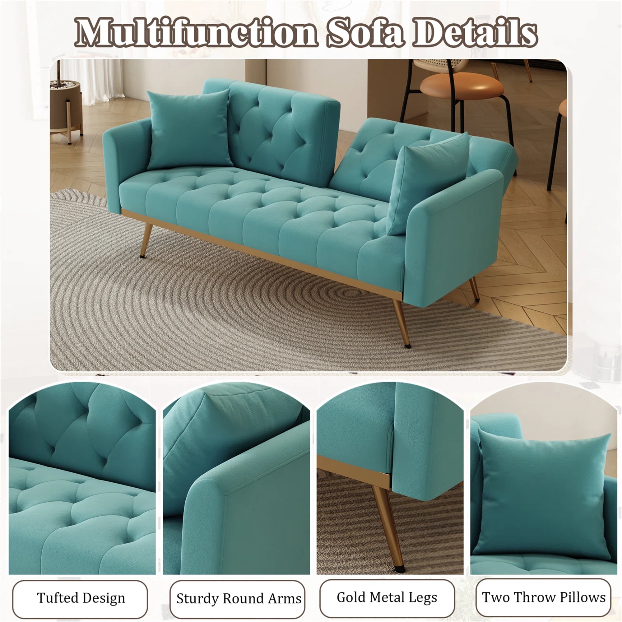 Aukfa Velvet Futon Convertible Sofa Bed for Home Office, 2 Pillows, Upgraded Metal Base, Teal