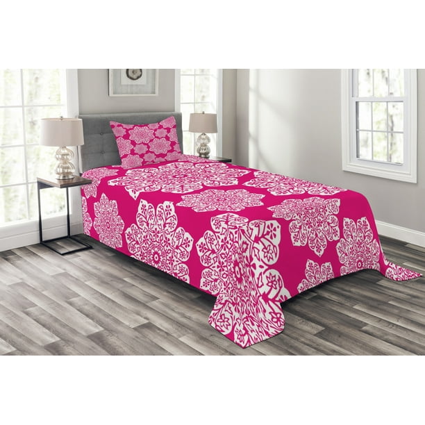 Hot Pink Bedspread Set Twin Size, White Floral Design Ornate Mandala