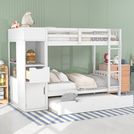 Twin Size Bunk Bed with Trundle and Attached Multifunctional Locker White