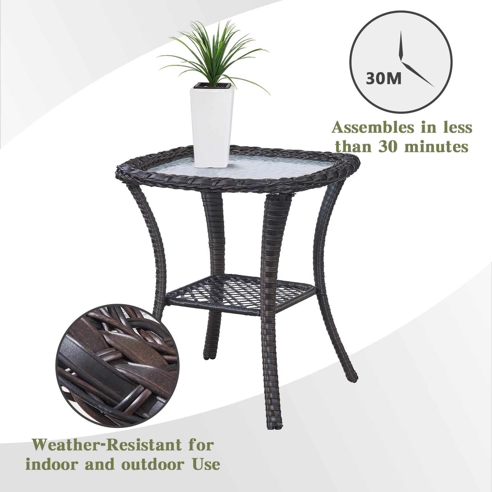 OPOHORO Outdoor Wicker Side Table,22x20x20 inch All Weather Rattan Small Patio Table Square End Table for Pool Balcony Deck Porch Lawn Backyard, Brown