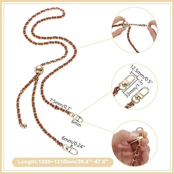 46" Purse Chain Strap Adjustable 7.5mm Wide Gold Metal with Brown Leather Bag Strap Extender Long Purse Strap Replacement for Small Shoulder Crossbody Bag
