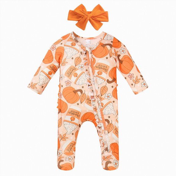 kmaduk Halloween Newborn Baby Girl Clothes Infant Long Sleeve Romper Jumpsuit Bodysuit Christmas Outfits (Orange,0-3 Months)