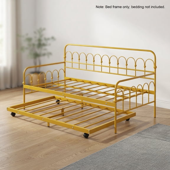 Resenkos Twin Size Golden Metal Daybed with Pull-Out Trundle Bed & Lockable Casters – Space-Saving Guest Bed for Bedroom, Living Room, or Dorm