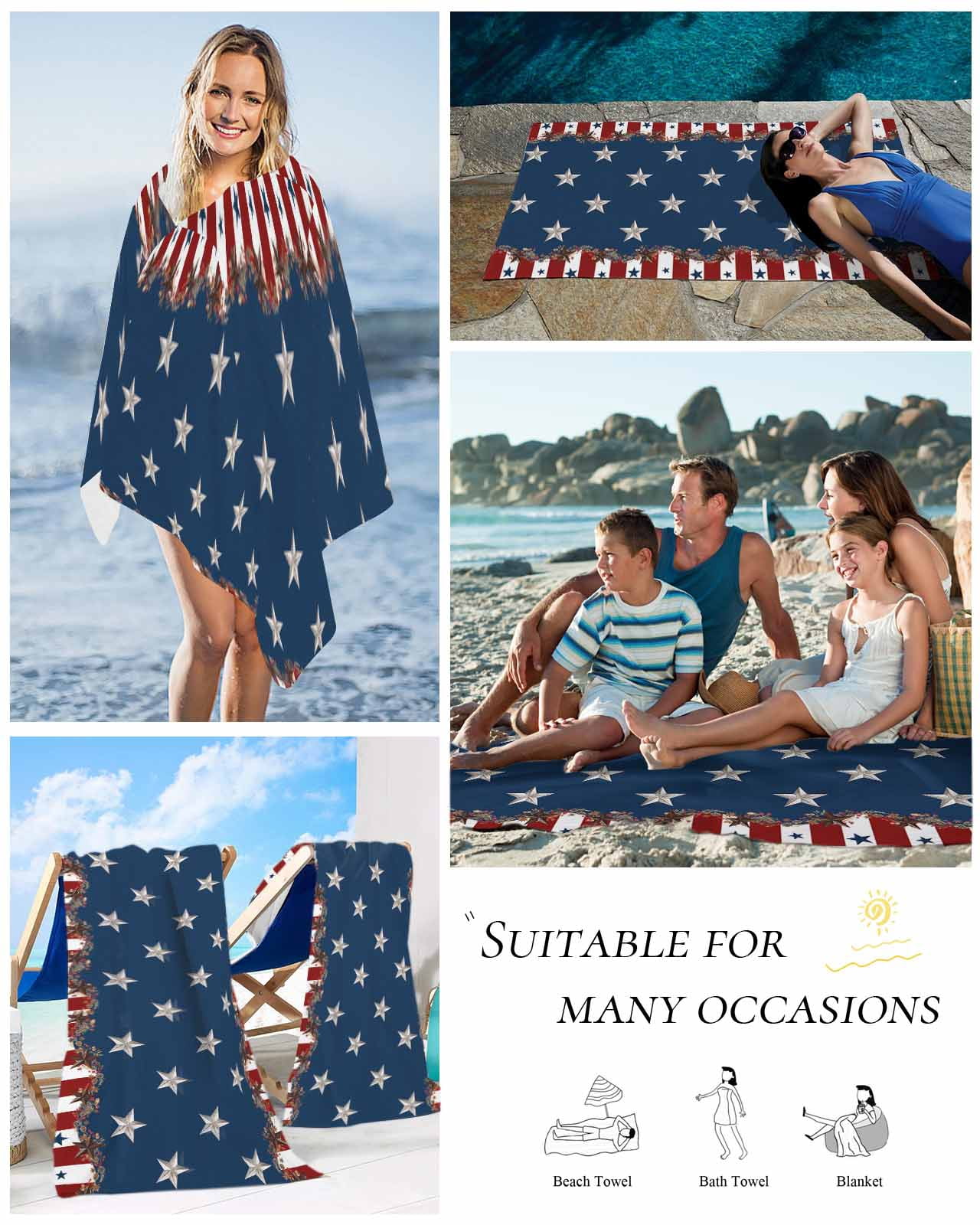 Country Star Farm Beach Towels Oversized Super Absorbent, Red Blue Patriots Stripe American Flag Lightweight Bath Towel Quick Dry Sets For Bathroom/Pool/Rv Camping/Beach Play/Gym Room/Picnic 23"x47"