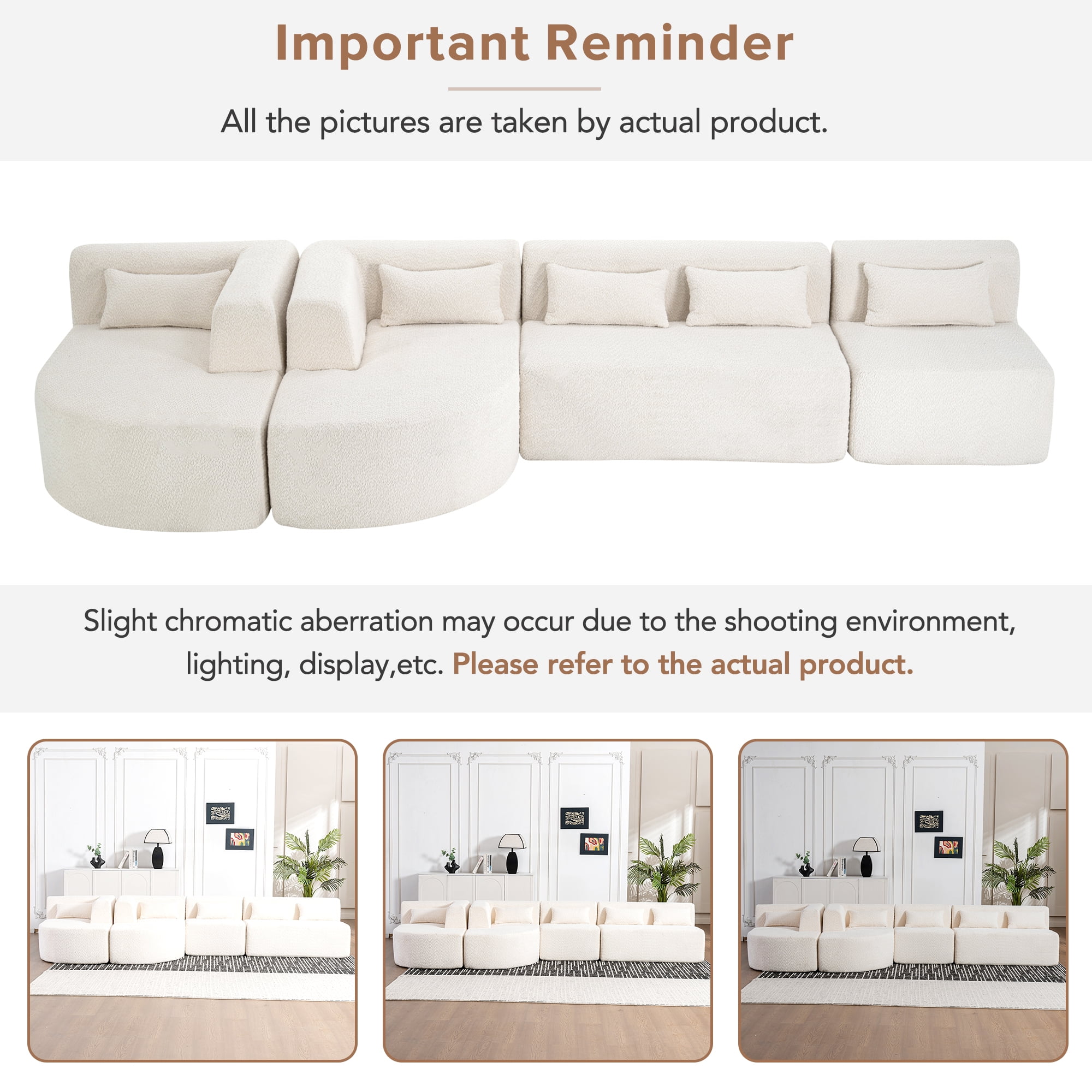 Euroco 144" Upholstered Sofa Free-combined Sofa Couch with Two Chaise Lounge and Five Back Pillows for Living Room, Beige