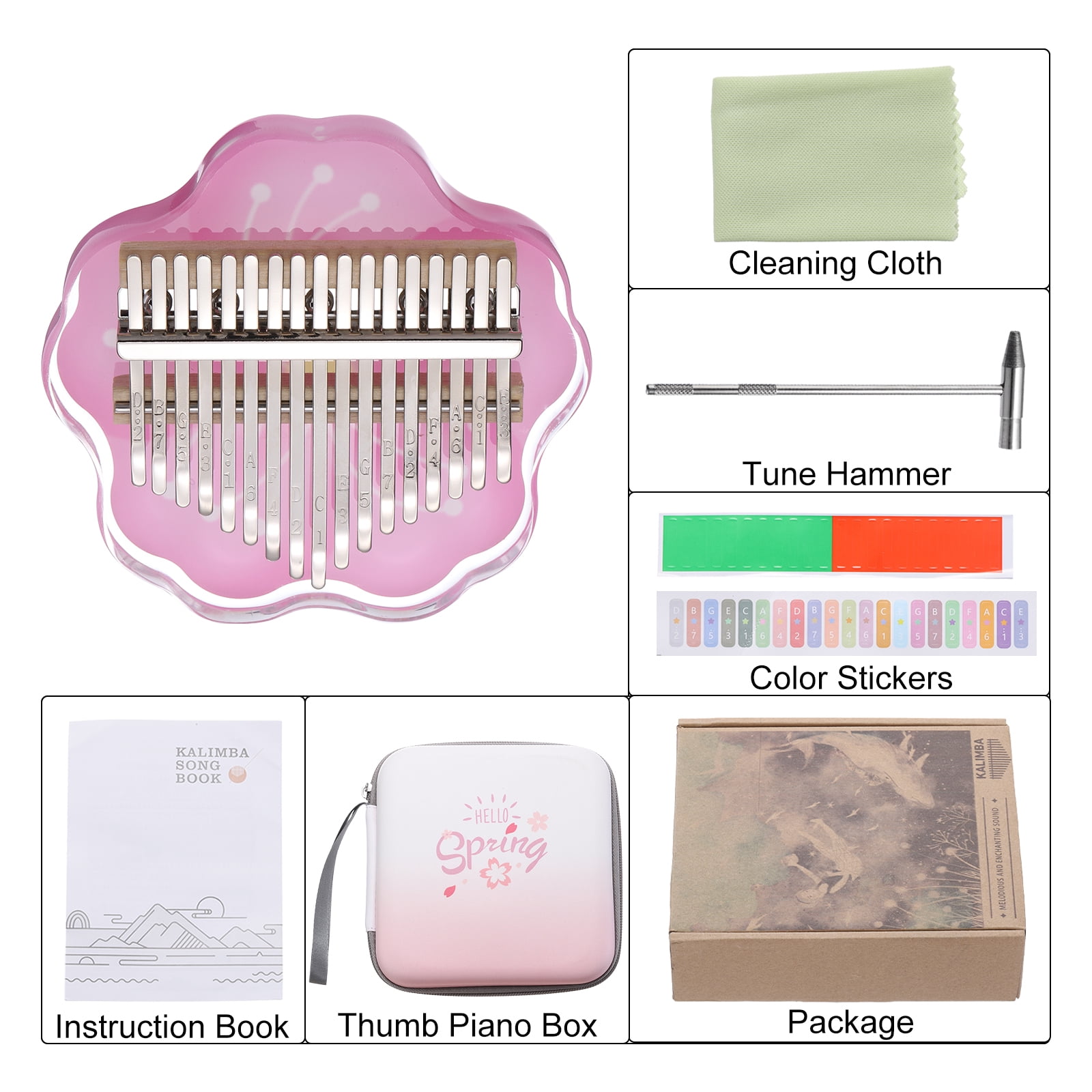 17 Keys Thumb Piano,Transparent Stamen Portable Finger Piano with Carry Box Musical Note Stickers Tuning Hammer