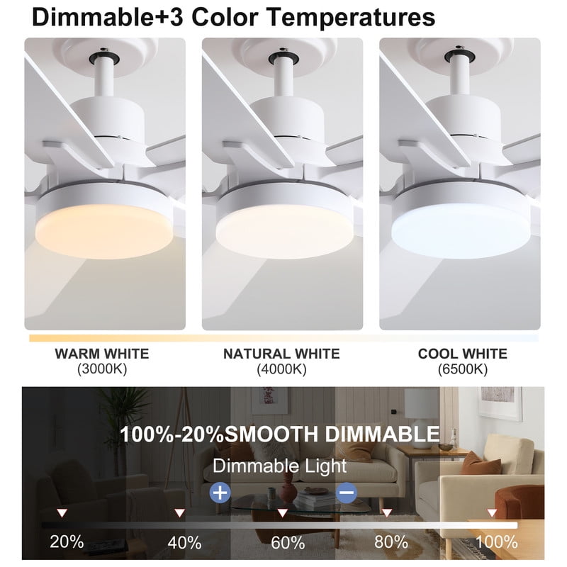 Wellspeed 52 in. Modern Ceiling Fan with Dimmable Light, for Indoor, Remote Control, 6 Speeds Reversible DC Motor, White