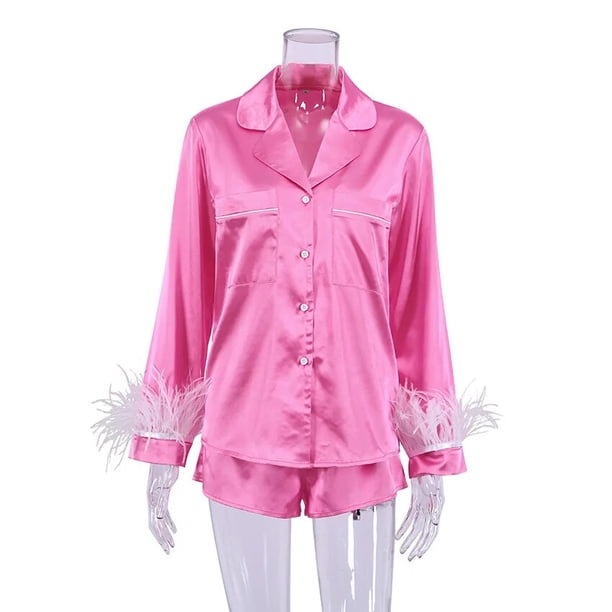 Conjunto de pijamas de 2 piezas para mujer, camisas de manga larga con puños de plumas lisas/de retazos, Tops + Pantalones cortos, ropa suelta para dormir/estar en casa