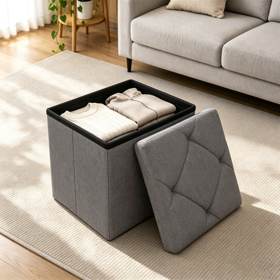 15 inch Storage Bench, Folding Ottoman Storage Bench, Gray Fabric Padded Seat with Lid, 400 lb Capacity for Bedroom Entryway,Living Room