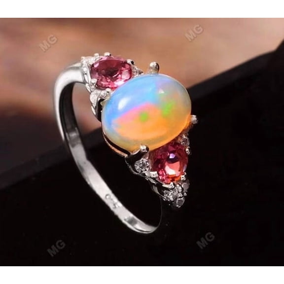 Ethiopian Opal Tourmaline Ring Art Deco Opal Engagement Ring Stunning 925Silver Pink Tourmaline Trilogy Vintage Wedding Bridesmaid Ring Gift