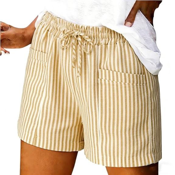 Striped Linen Shorts for Women Drawstring High Waisted Bermuda Shorts Summer Casual Loose Fit Bottoms with Pockets, 2XL