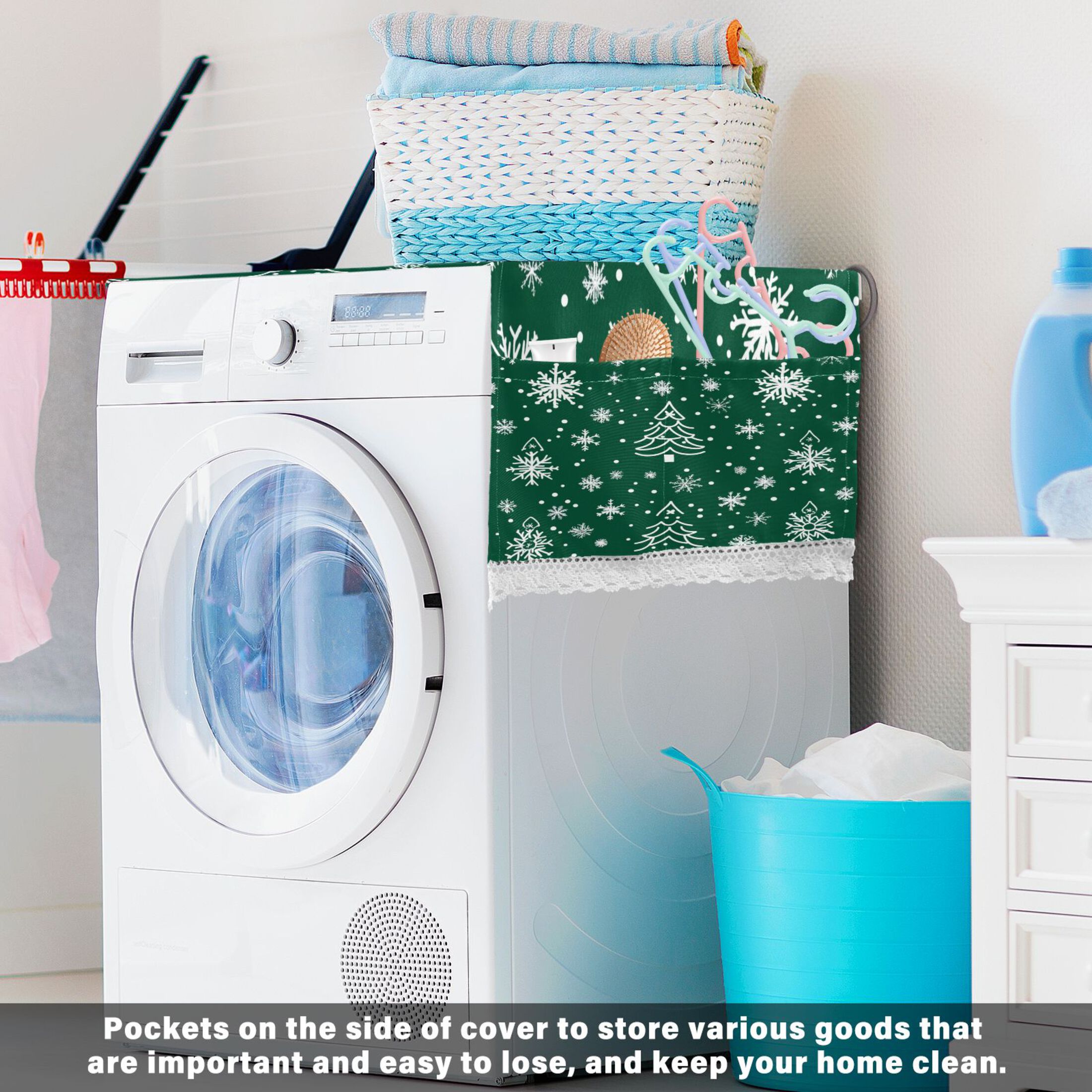 Green Christmas TreeWasher and Dryer Covers Dust-Proof and Oil Resistant Fridge Cover with 4 Storage Pockets Washing Machine Top Cover for Laundry Kitchen Home 51.2 x 22 In